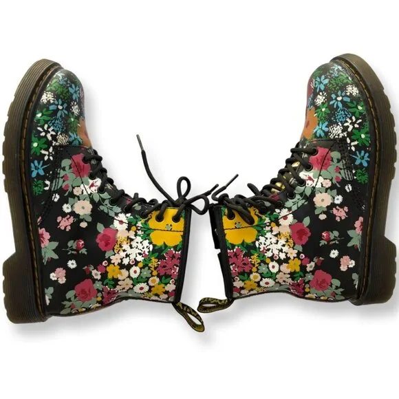 Dr. Martens 1460 Floral Mash Up Black Leather Lace Up Boots Size US 4 Juniors - Picture 6 of 15